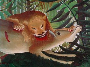 Lew, głodny, rzuca się na Antylopę autorstwa Henri Rousseau