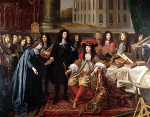 Jean-Baptiste Colbert przedstawiający Ludwikowi XIV członków Królewskiej Akademii Nauk, detal, ok. 1667 (olej na płótnie)