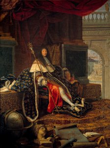 Portret Ludwika XIV (1638 - 1715) króla Francji, protektora Królewskiej Akademii Malarstwa i Rzeźby, z berłem Karola V dit de Charlemagne. Obraz Henri Testelina (1616-1695)
