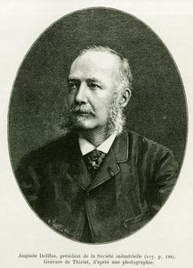Auguste Dollfus, prezes przedsiębiorstwa przemysłowego Dollfus Mieg. Grawerowanie autorstwa Thiriata ilustrujące opowiadanie A Through Alsace and Lorraine, autorstwa Charlesa Grada, niemieckiego zastępcy, w 1885 roku, w tour du monde 1886, pod kierunkiem E autorstwa Henri Thiriat