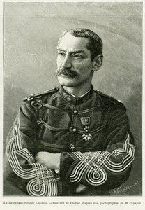 Podpułkownik Joseph Gallieni (1849-1916). Grawerowanie autorstwa Thiriata, ilustrujące historię Dwie kampanie we francuskim Sudanie autorstwa Henri Thiriat