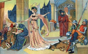 Opłata czaruje mieszkańców zamku magiczną różdżką, aby utrzymać ich w śnie tak długo, jak księżniczka. „”La belle au bois dormant””, opowieść Charlesa Perraulta (1628-1703) (śpiąca królewna) Ilustracje Henri Thiriet (1873-1946). Około 1930