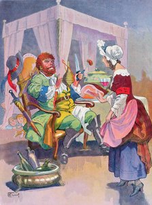 Ogr wącha świeżego ludzkiego mięsa, ilustracja do bajki Perraulta „Tom Thumb” („Le Petit Poucet”), początek XX wieku (kolor lito)