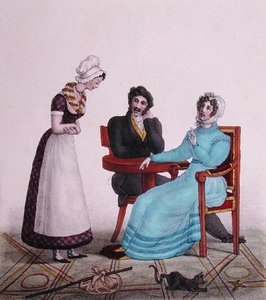 „A przede wszystkim bądź grzeczny!”, karykatura pary rozmawiającej z służącą przed jej wyjściem, ok. 1820-30 (kolor lito)