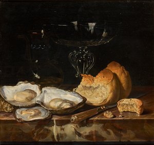 Martwa natura z ostrygami, chlebem i weneckim kieliszkiem do wina, 1661. autorstwa Henri de Fromantiou