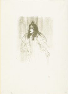 Portret piosenkarki May Belfort z luźnymi, zwisającymi włosami autorstwa Henri de Toulouse Lautrec