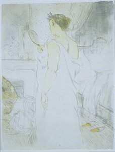 Stojąca kobieta patrząca w lusterko ręczne Femme a glace (tytuł oryginalny) La glace a main (tytuł oryginalny) Ona (tytuł serii) Ellen (tytuł serii) autorstwa Henri de Toulouse Lautrec