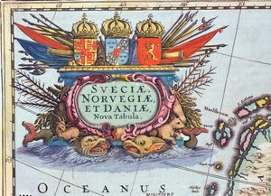 Kartusz z mapy Szwecji, Norwegii i Danii, 1631 (kolorowy grawerunek) autorstwa Henricus Hondius II
