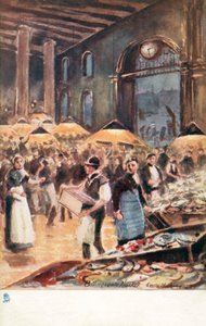 Stary Londyn: Billingsgate Market, wczesny poranek (kolorowa litografia) autorstwa Henrie Pitcher