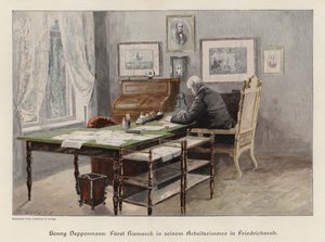 Otto von Bismarck w swoim gabinecie w Friedrichsruh, Niemcy (kolorowe grawerowanie) autorstwa Henriette Deppermann