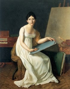 Portret artysty ubranego w białą suknię i trzymającego szkicownik autorstwa Henriette Lorimier