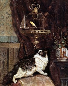Kot podglądający ptaka w klatce - Henriette Ronner autorstwa Henriëtte Ronner Knip