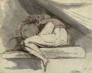 Siedząca kobieta, zwinięta w kłębek, po 1778 r. (ołówek, długopis, brązowy tusz i szare pranie)
