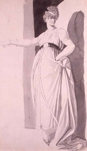 Młoda kobieta z wyszukaną fryzurą stojąca z wyciągniętą prawą ręką (ołówek i pranie) autorstwa Johann Heinrich Füssli