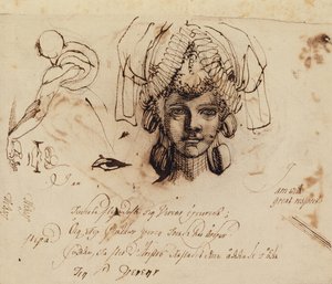 Pani Fuseli w skomplikowanym nakryciu głowy i studium oka, ust i tułowia (pióro i atrament) autorstwa Johann Heinrich Füssli