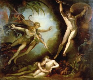 Szatan rozpoczynający się od dotknięcia włóczni Ithuriela autorstwa Johann Heinrich Füssli