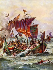 Galery króla Alfreda atakujące Smocze Statki Wikingów, 897 (kolor lito) autorstwa Henry Payne
