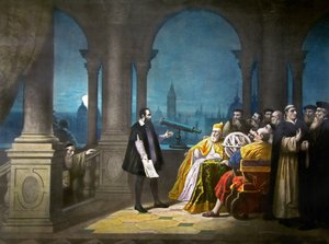 Galileo Galilei demonstrujący swój teleskop Leonardo Donato, doży Wenecji i senatowi weneckiemu w 1609 r., ok. 1900 r. (litografia) autorstwa Henry (after) Detouche