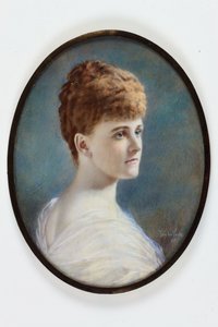 Dama w białej sukni, prawdopodobnie Frances Evelyn (Daisy) Greville, z domu Maynard, Lady Brooke, późniejsza hrabina Warwick autorstwa Henry (attr.to) Van der Weyde