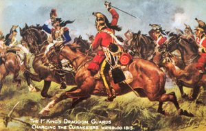 1. Straż Dragonów Królewskich, szarżująca na kirasjerów, Waterloo 1815 (kolor lito) autorstwa Henry A. Payne