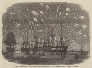 Upamiętnienie pokoju w Plymouth, rakiety i ogólna iluminacja floty w cieśninie Sund autorstwa Henry A. Luscombe