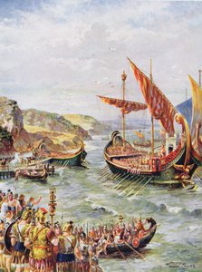 Wyjazd Rzymian z Brytanii po splądrowaniu Rzymu w 410 r. n.e., ilustracja z "Hutchinson