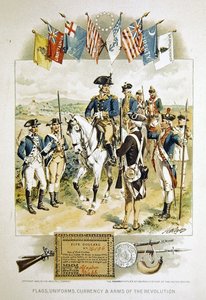 Amerykańskie flagi, mundury, waluta i broń rewolucji, ilustracja ze „Standardowej historii Stanów Zjednoczonych dla młodych ludzi”, wydrukowana przez Woolfall Company autorstwa Henry Alexander (after) Ogden