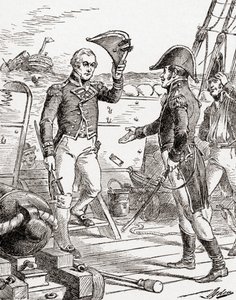 Kapitan Dacres z HMS Guerriere poddaje się i ofiarowuje swój miecz kapitanowi Hullowi na pokładzie USS Constitution po jego klęsce podczas wojny 1812, z Historii naszego kraju, opublikowanej 19 autorstwa Henry Alexander Ogden