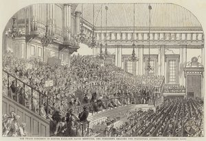 Kongres Pokoju w Exeter Hall, Sir David Brewster, przewodniczący, odczytuje Przemówienie Inauguracyjne