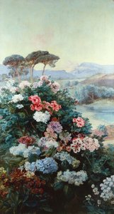 Kamelie i inne kwiaty w pejzażu (olej na płótnie) autorstwa Henry Arthur Bonnefoy