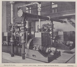 Wnętrze maszynowni i dynama, Electric Light Works, Canterbury, Kent (zdjęcie czarno-białe) autorstwa Henry Beauchamp Collis