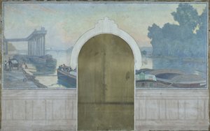 Szkic sali ślubów w ratuszu w Asnières: Krajobraz. Barki na Sekwanie z mostem w Asnières, około 1900 roku (olej na płótnie) autorstwa Henry Bouvet