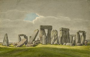 Stonehenge z SE, ukazujące kamienie w stanie ruiny z 2 zwiedzającymi, 1824-1839 autorstwa Henry Browne