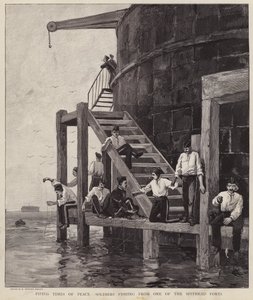 Brytyjscy żołnierze łowią ryby z jednego z fortów w Spithead, Hampshire (litho) autorstwa Henry Charles Seppings Wright