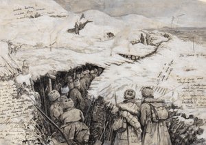 Galicja, wojska rosyjskie na ośnieżonych wzgórzach, 13 marca 1916 (atrament i gwasz na papierze) autorstwa Henry Charles Seppings Wright