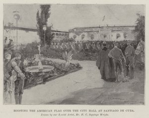 Wywieszanie amerykańskiej flagi nad ratuszem w Santiago de Cuba autorstwa Henry Charles Seppings Wright