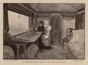 Królowa Wiktoria w wagonie kolejowym Royal Saloon (rycina) autorstwa Henry Charles Seppings Wright