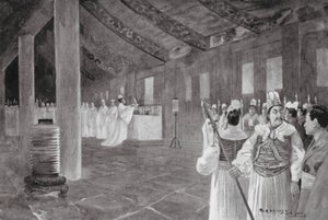 Usuwanie tablicy ze świątyni konfucjańskiej (litografia) autorstwa Henry Charles Seppings Wright