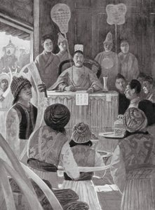 Wysłannicy syjamscy składający hołd cesarzowi Chin (litografia) autorstwa Henry Charles Seppings Wright