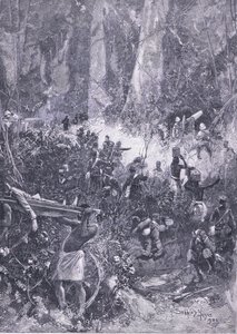 Wojna Ashanti 1900: Walka w lesie, ilustracja z Cassells History of England, 1900 autorstwa Henry Charles Seppings Wright