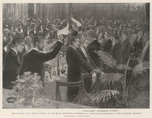 Bankiet na cześć M Santosa Dumonta w hotelu Metropole, 25 listopada, Entuzjastyczne przyjęcie brazylijskiego aeronauty autorstwa Henry Charles Seppings Wright