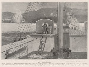 Pierwsze strzały z pokładu statku w wojnie południowoafrykańskiej, HMS Partridge ostrzeliwujący Burów w Zatoce Saldanha, Kolonia Przylądkowa autorstwa Henry Charles Seppings Wright
