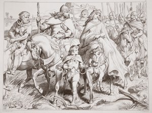 Hereward pilnuje Alftrudy w bezpieczne miejsce, ilustracja z Hereward the Great autorstwa Charlesa Kingsleya, wyd. 1870, grawerowane przez C.G. Lewis (grawerowanie blachy stalowej) autorstwa Henry Courtney Selous