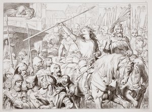 Jak Hereward zmienił Berserkera, ilustracja z Hereward the Great Charlesa Kingsleya, wyd. 1870, grawerowane przez C.G. Lewis (grawerowanie blachy stalowej) autorstwa Henry Courtney Selous