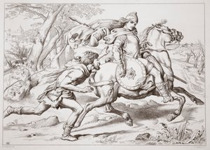 Jak Martin Lightfoot wyprzedza Hereward, ilustracja z Hereward the Great Charlesa Kingsleya, wyd. 1870, grawerowane przez C.G. Lewis (grawerowanie blachy stalowej) autorstwa Henry Courtney Selous