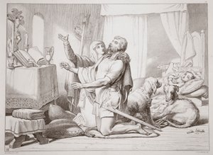 Jak Torfrida uczy Herewarda modlić się, ilustracja z Hereward the Great przez Charles Kingsley, pub. 1870, rytował C.G. Lewis (staloryt) autorstwa Henry Courtney Selous