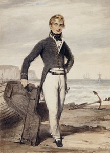 Portret Edwarda Pococka R.N., mały, pełnej długości, Stojący obok wyrzuconej na brzeg łodzi wiosłowej podczas odpływu,