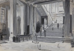 Widok wnętrza British Museum z głównymi schodami, 1884