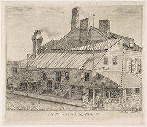 Old House, Corner of Peck Slip i Water Street ze scen Starego Nowego Jorku, 1870.
