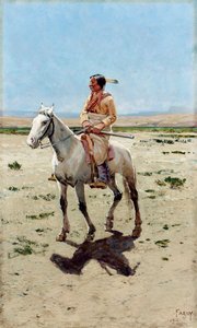 Zwiadowca Cheyenne. Indianin na koniu ze strzelbą. Obraz autorstwa Henry